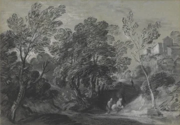 Waldlandschaft mit Figuren und Häusern auf dem Hügel